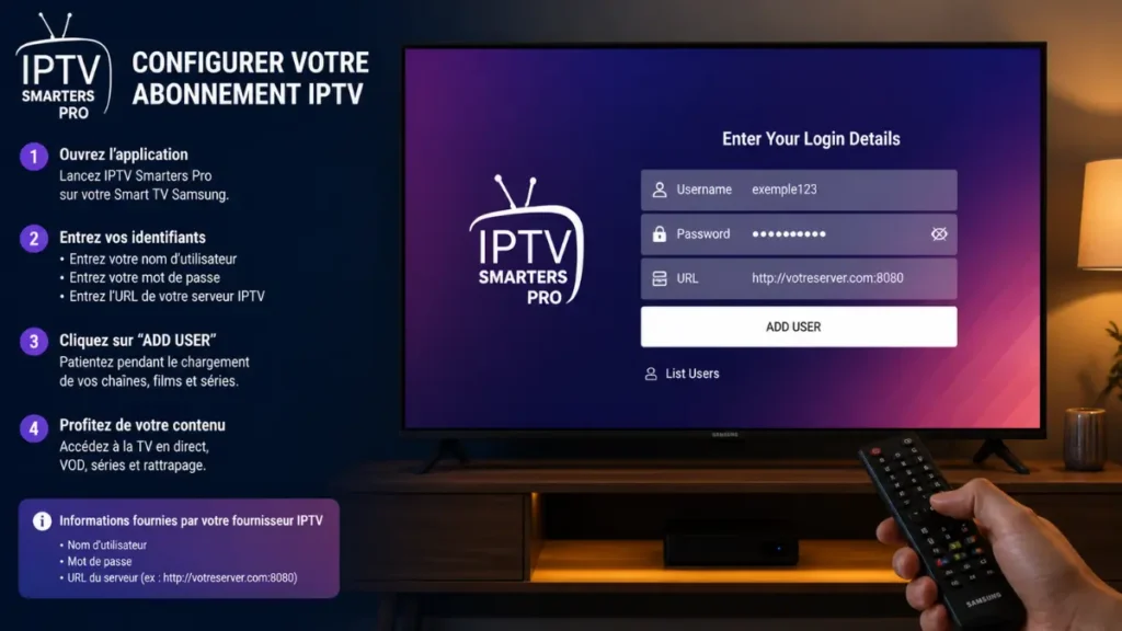 configurer IPTV Smarters Pro Samsung Smart TV identifiants IPTV